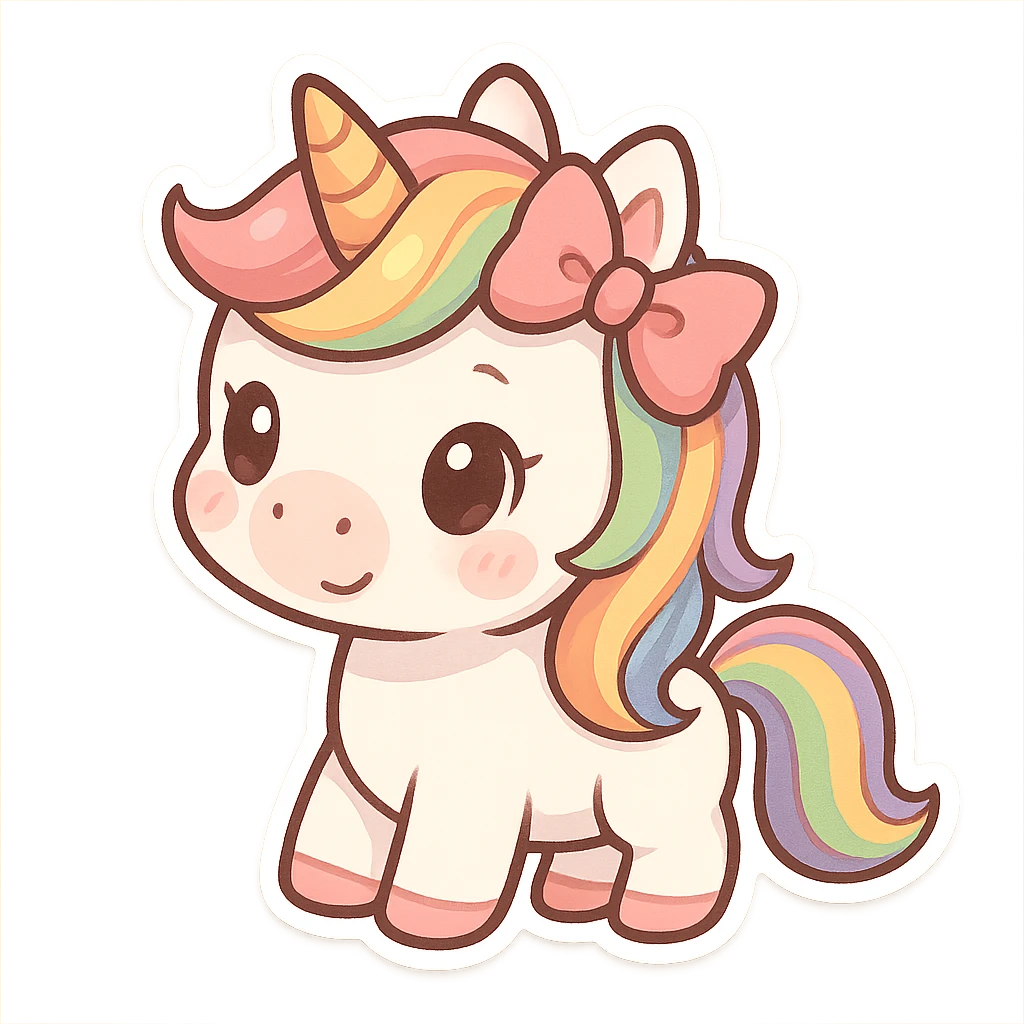 chibi sticker-style unicorn with a bow and rainbow mane, cute and exaggerated emoji