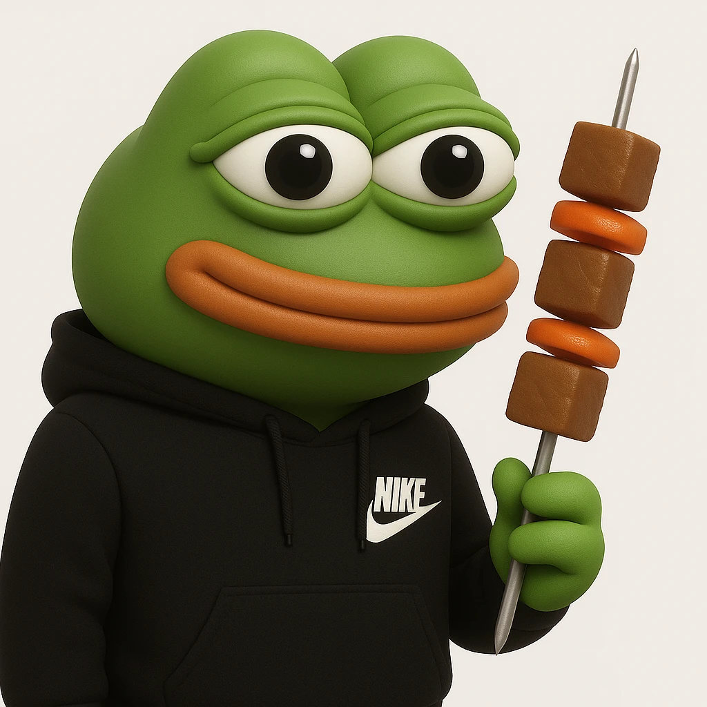 Pepe the Frog in 3D green style holding skewers (shashliks) instead of a bottle, on a white background emoji