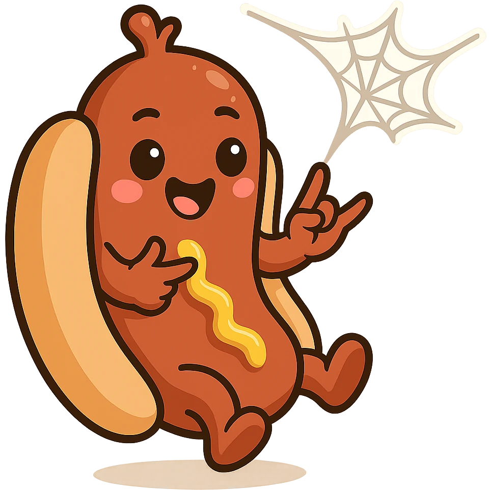 Edit the image so that the web is coming out of the hot dog's head instead of the tip. Keep the pose playful and dynamic with no background. emoji