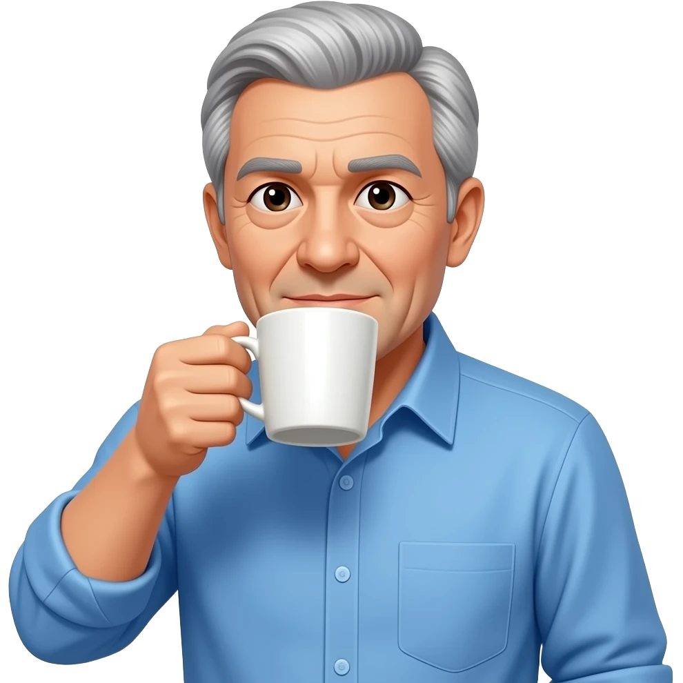 white man in his 60's wearing a blue button-down shirt and looking a little worn drinking a cup of coffee emoji