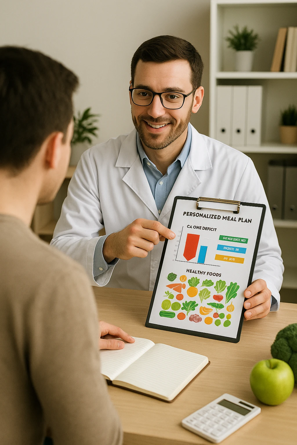 a nutritionist sits at a desk with a client, showing a personalized meal plan and a chart that clearly displays the client’s specific daily caloric deficit. The nutritionist points to the chart, which includes recommended calories, macronutrient breakdown, and healthy food options. The mood is professional, supportive, and educational. in italiano emoji