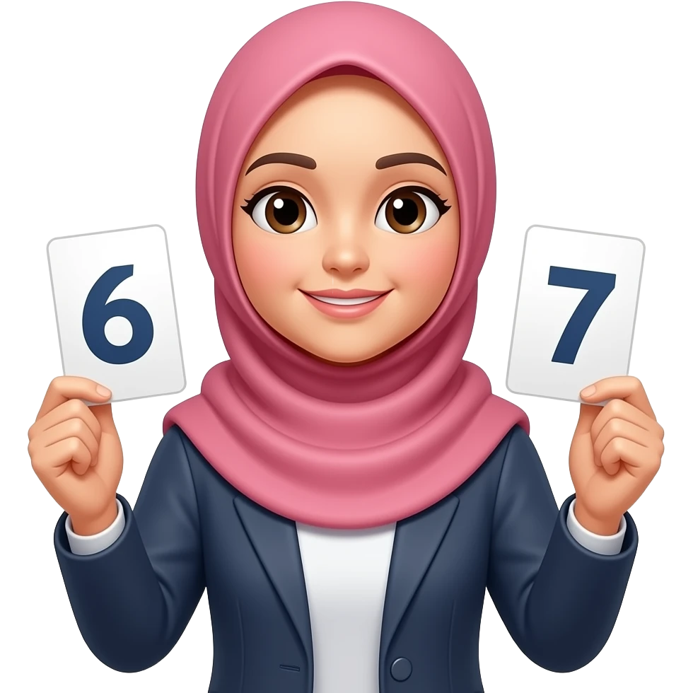 asian hijabi woman holding 6 in one hand and 7 in the other hand emoji