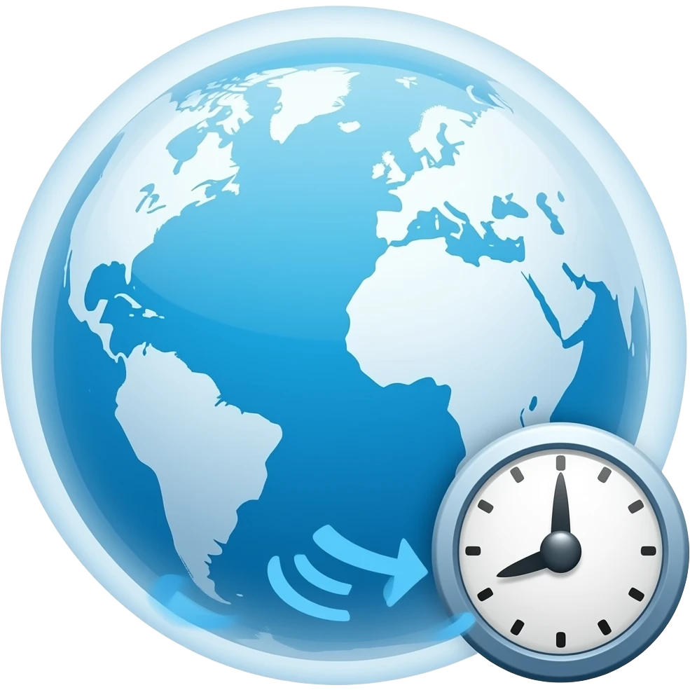 Minimalist flat design icon, clean vector style, blue and white color palette, soft gradients, modern, no text, transparent background. icon of a globe with digital signals and a small clock or notification symbol, representing current times, modern society and present-day technology emoji