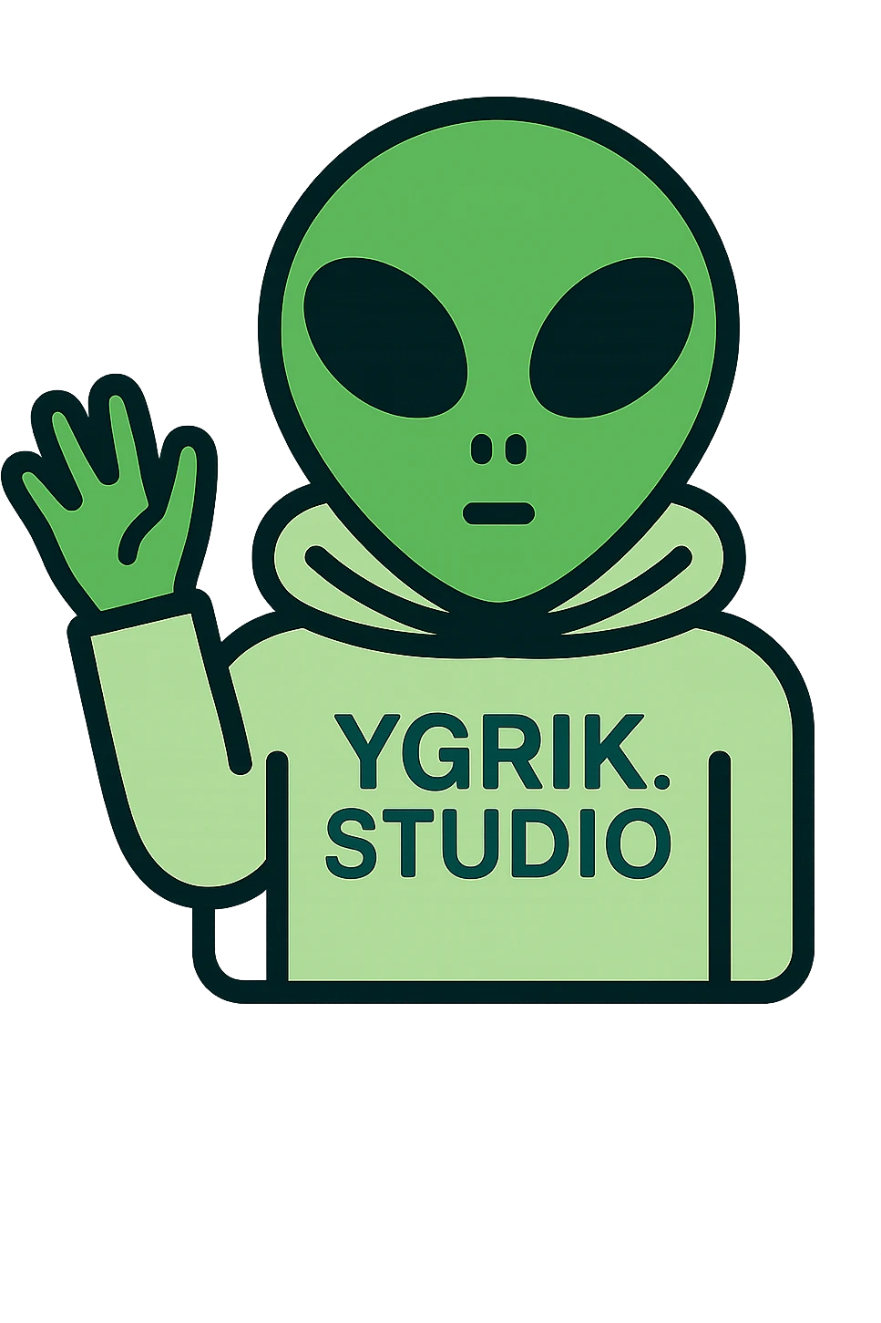 A green alien with big black eyes and a small nose, wearing a light green hoodie with the word 'YGRIK.STUDIO' on it, in icon color outlined style. The alien is greeting and waving. emoji