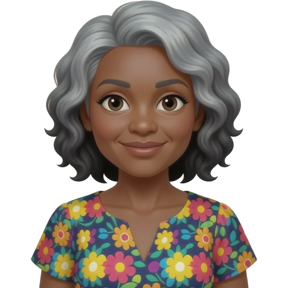 female, early 60s, round face, african decent, colourful blowse top, grey and black wavy hair, emoji
