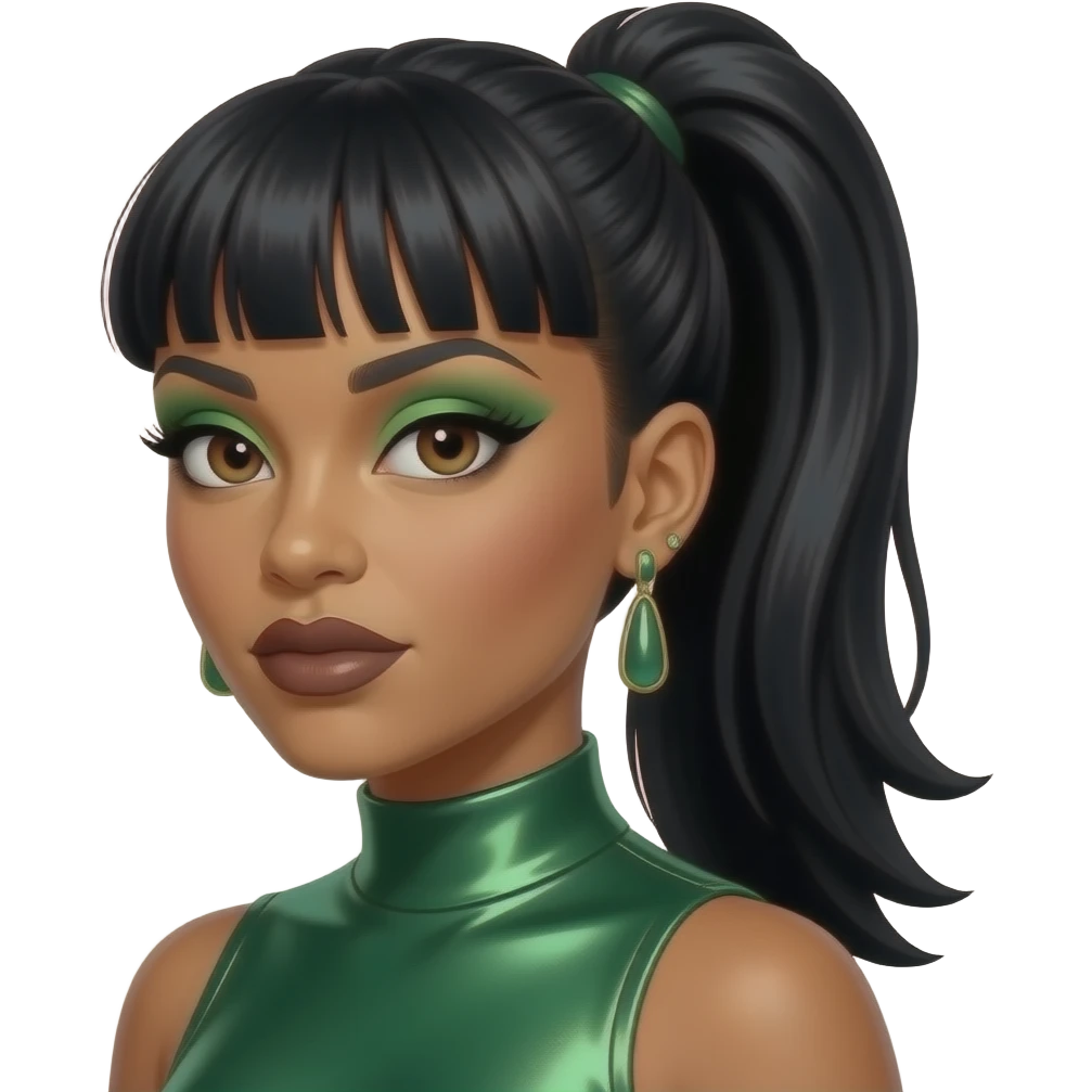 Lisa Left Eye Lopes from TLC with dark brown eyes, black 1990s high ponytail bang hair, green eyeshadow, dark brown lipstick, green metallic high neck dress, earrings emoji
