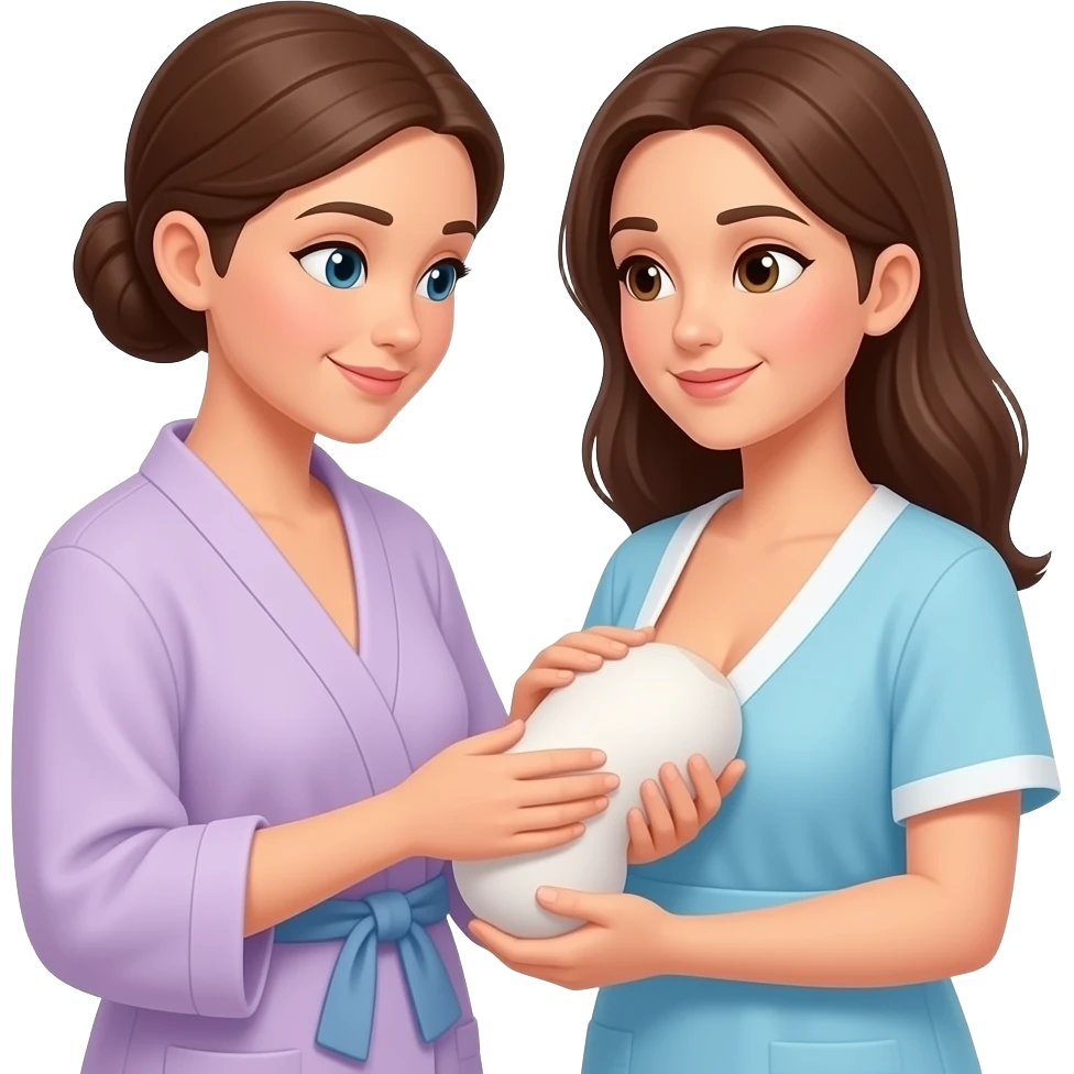 mujer con el pelo recogido y vestida con un  ambo ayudando a otra mujer a amamantar emoji