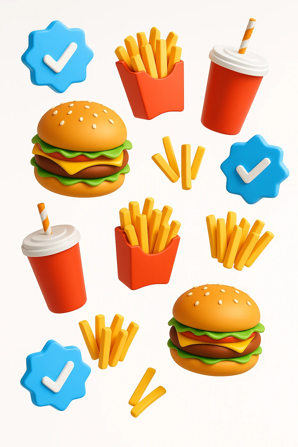 fast food fluttua in aria insieme a spunte di verificato in 3d, sfondo bianco emoji