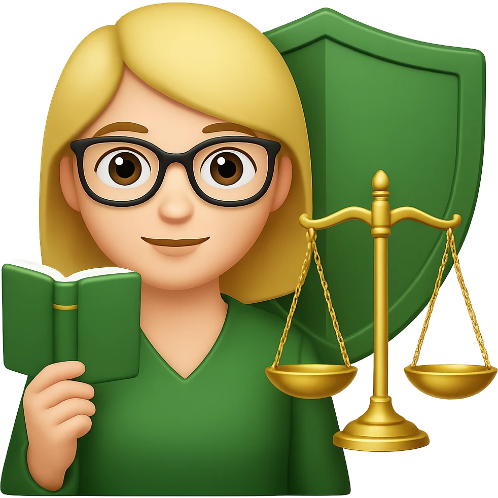 A lady with blond hair and glasses, holding a green book and a gold justice scale, with a shield in the background, in an emoji style with no background. emoji