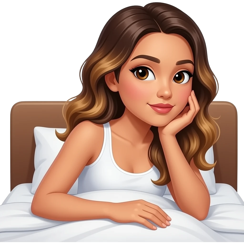 Beautiful Filipino woman beautiful eyes with long wavy hair balayage watching tv in bed side view emoji