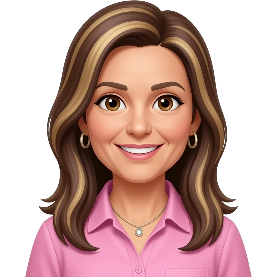 woman early 50s, dark brown eyes, very long straight hair all with highlights one length with side parting, hoop earrings, necklace, pink collared shirt, slighlty tanned skin, open smile, lighter skin, hair hightlights with open smile emoji