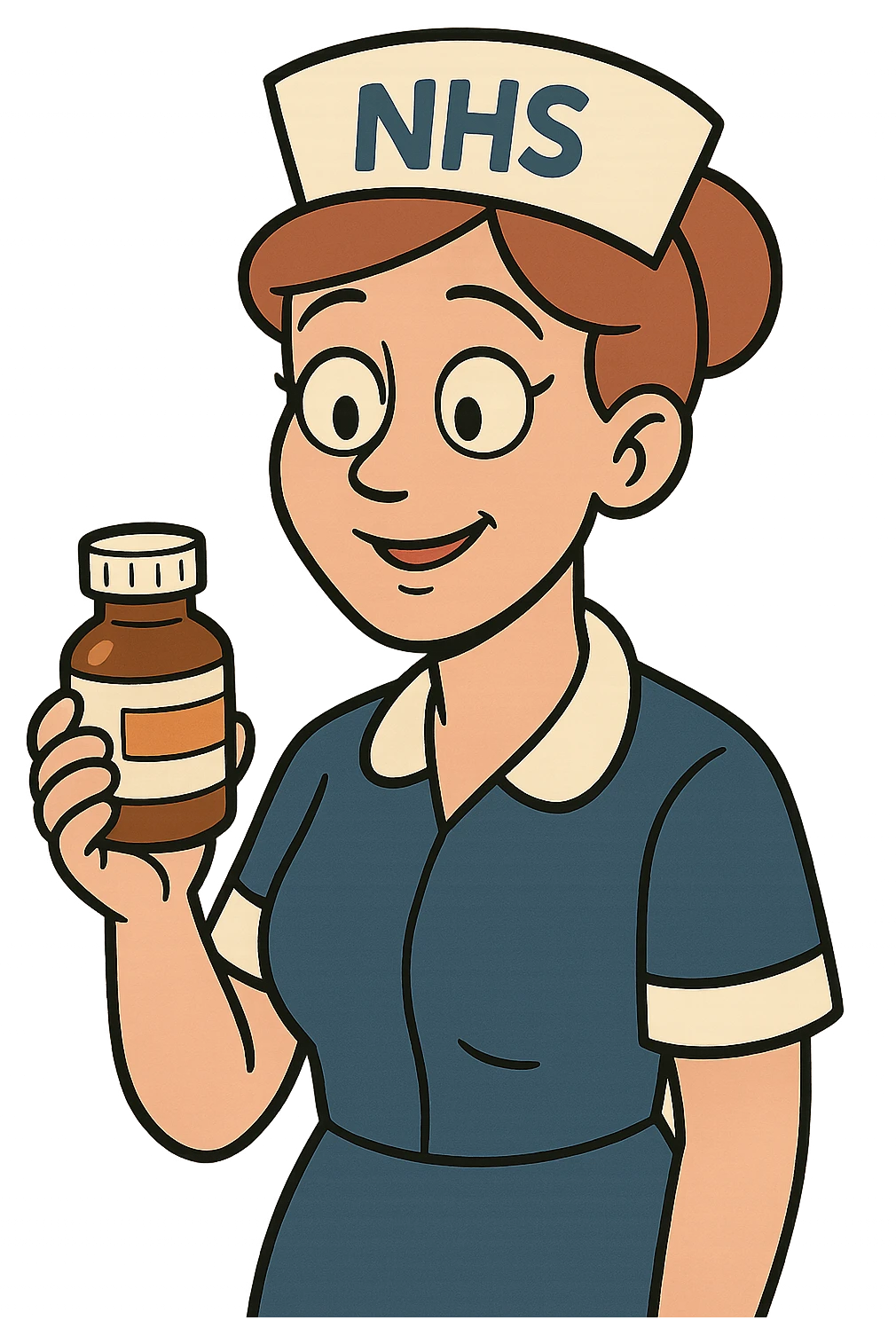 A nurse wearing a nurses hat with the letters NHS written on the hat.  The nurse looks caring and is holding a medicine bottle emoji