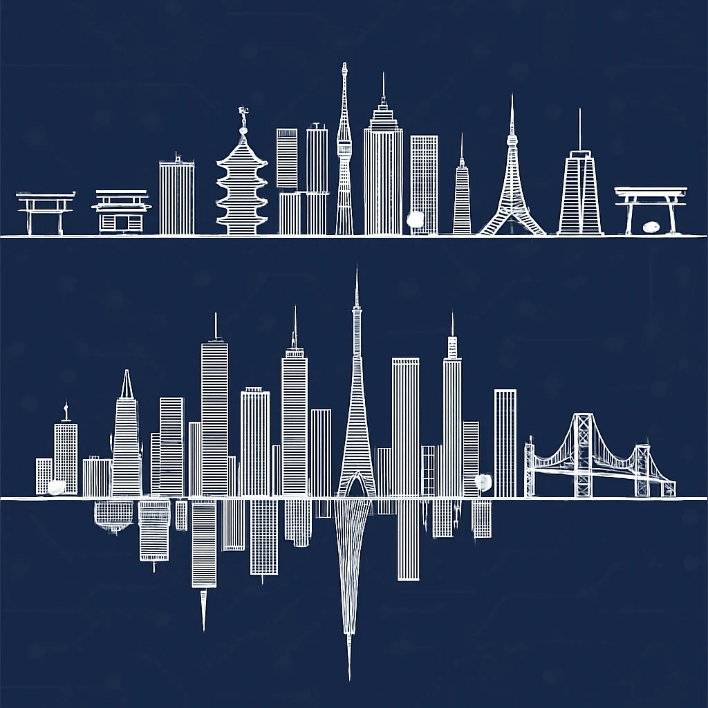 turn the san francisco skyline upside down and place it directly below the tokyo skyline emoji