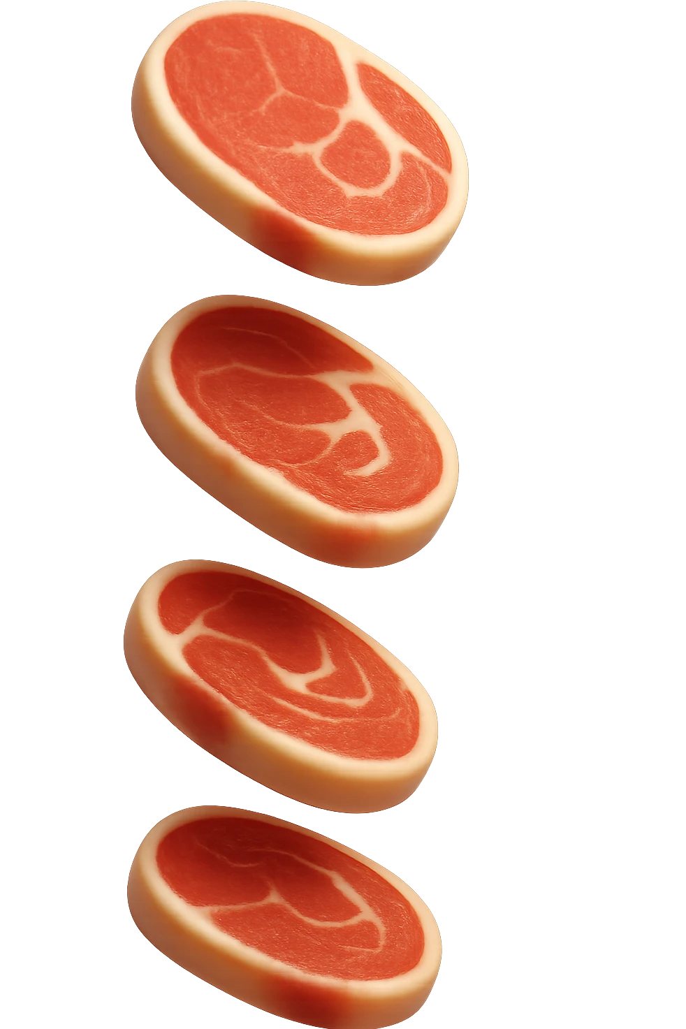 emoji stile iphone in 3d di fette di carne che cadono verticalmente dall'alto, iperrealistico 4k emoji