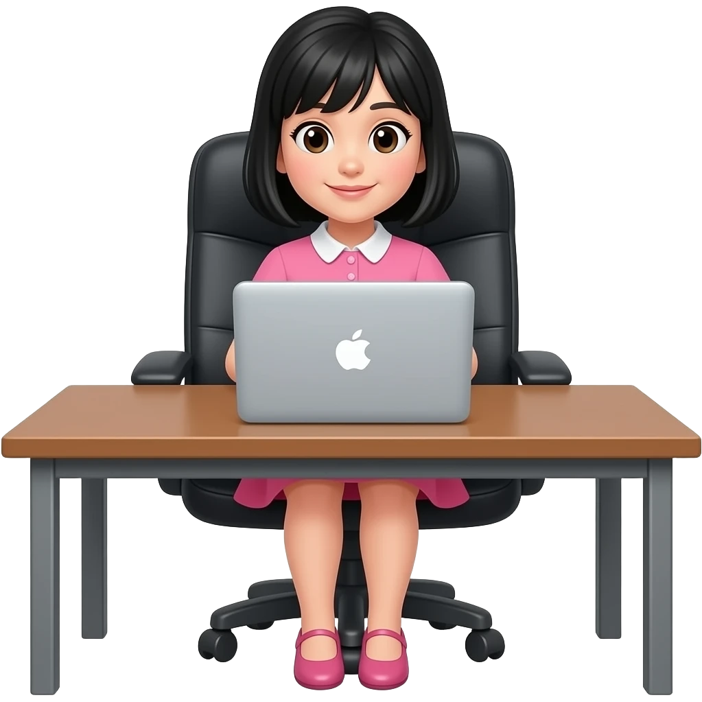 Girl with black hair, wearing a pink dress, sitting in a office table and using MacBook emoji
