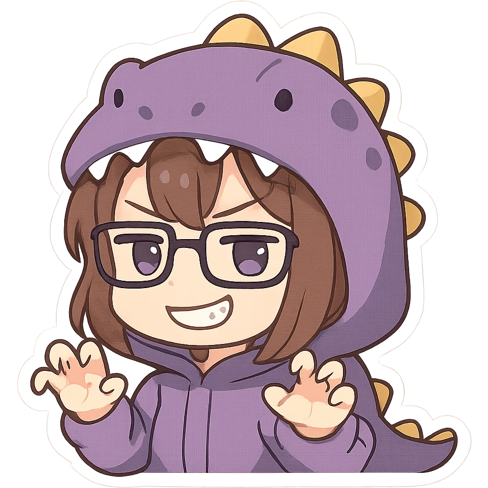 Chibi anime style girl with glasses, brown hair, dark purple eyes, wearing a purple dinosaur costume, smug expression, clawing the air with her hands, showing her teeth, no controller, no background. emoji