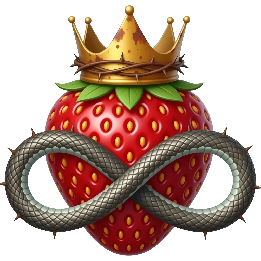 cinematic realistic -a rusty strawberry with a rusty, richly decorated English royal crown on top that is flaming. A crown of thorns is wrapped around the strawberry's body with a snake that is spinning around its body in the form of an infinity sign. emoji