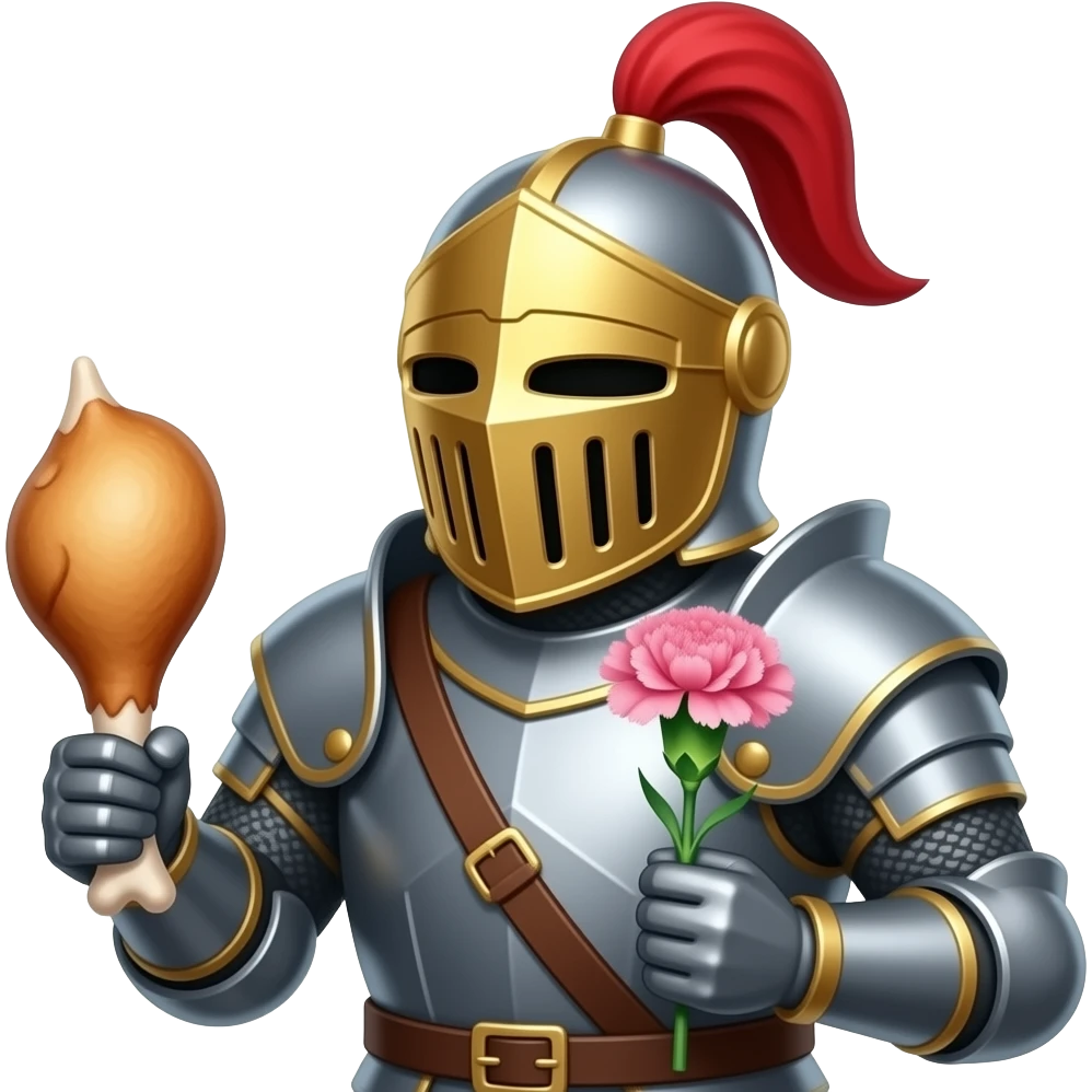a gold medieval knight holding a chicken leg and a pink carnation emoji