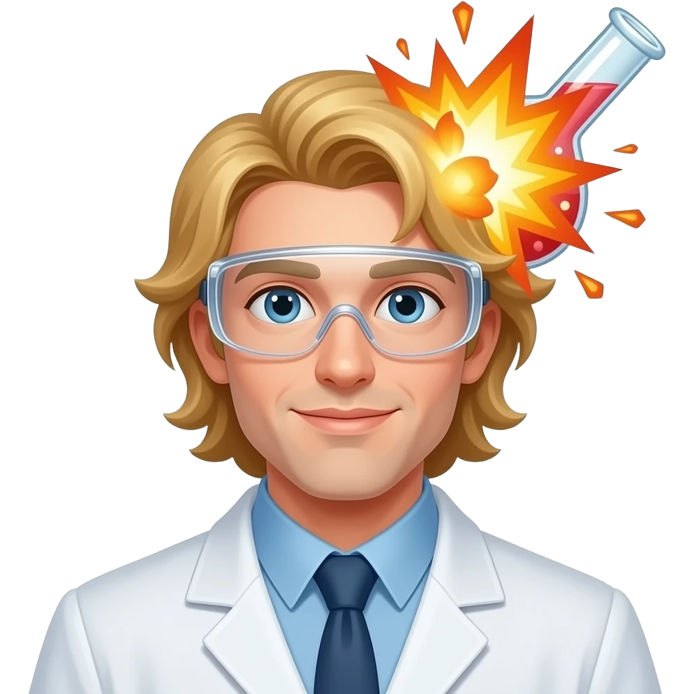 male scientist with no facial hair experiencing a flask exploding near his his head of long blonde hair emoji