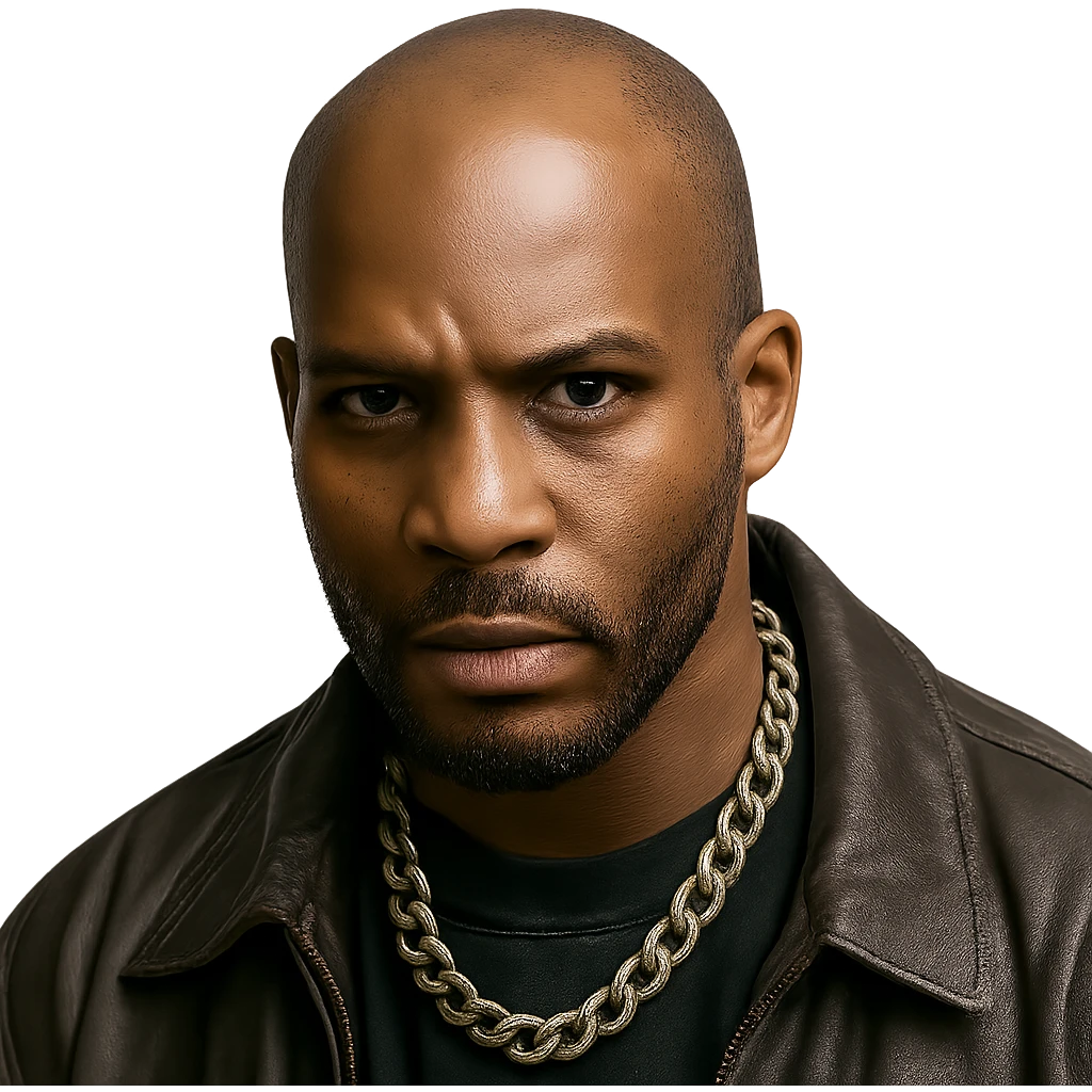 rapper DMX, close-up, intense eyes, goatee, chain necklace, hip hop fashion emoji