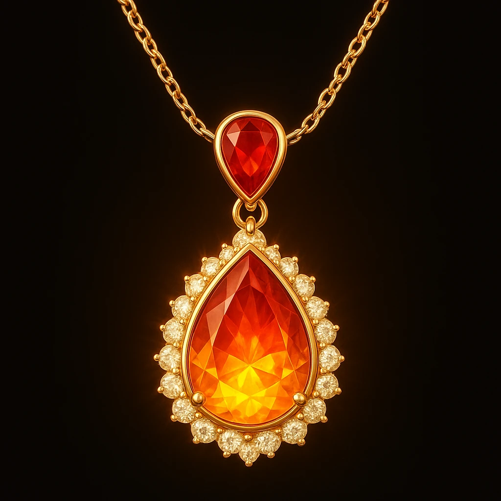 Add a yellow fiery light to the teardrop ruby pendant, representing transformation and rebirth emoji