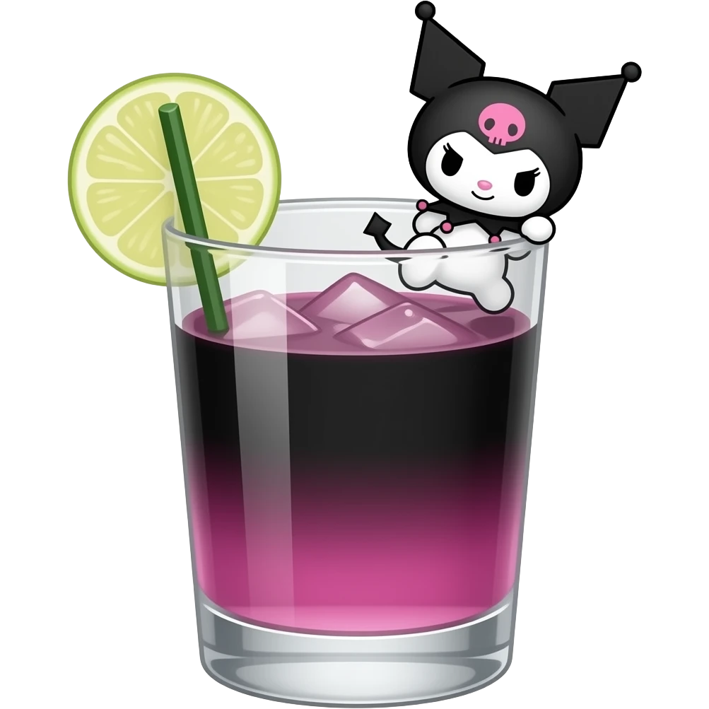 kuromi the sanrio character themed black and pink colored cocktail with actual illustration of kuromi as a garnish emoji