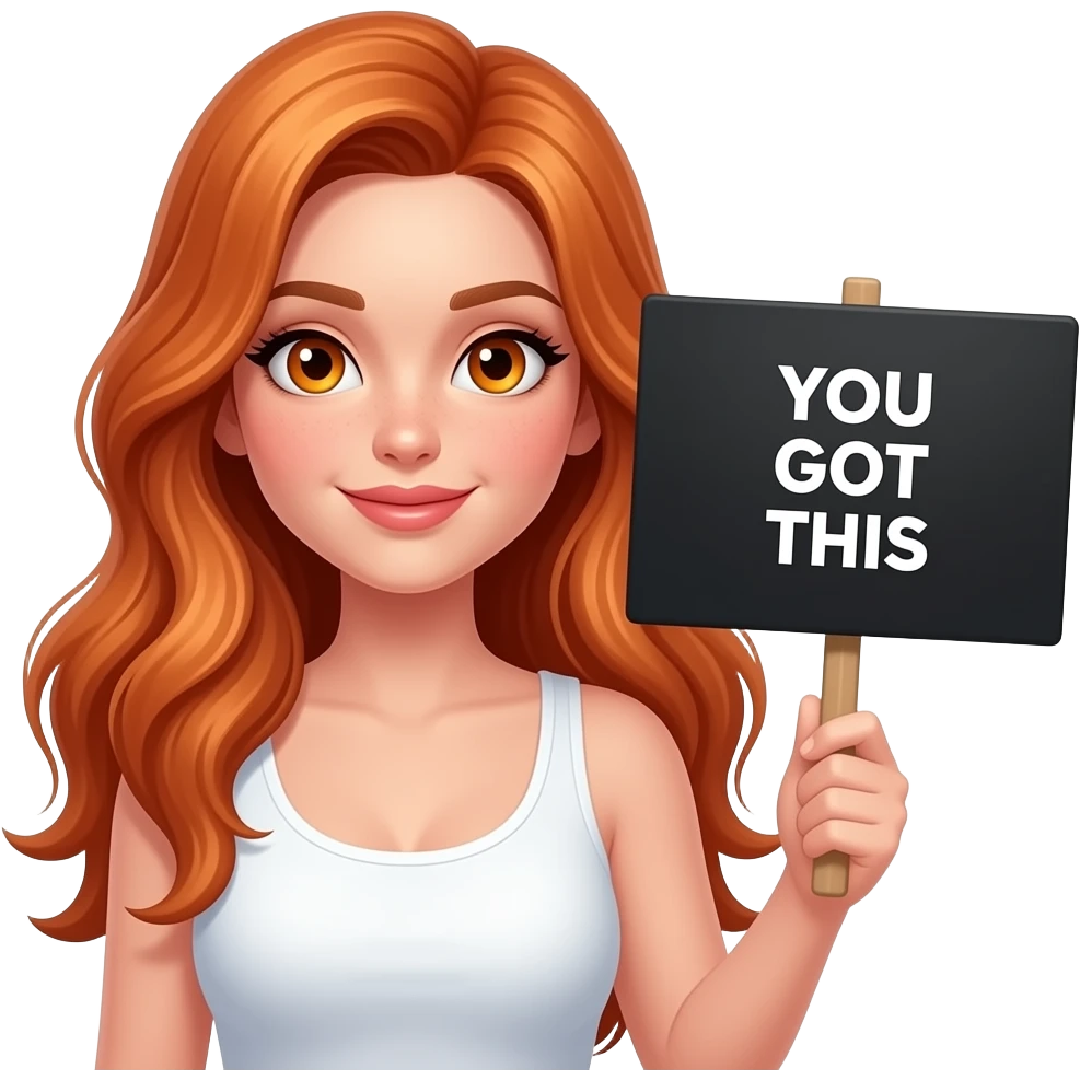 sexy girl with long ginger hair and ginger eyes wearing a white tanktop is holding a black sign with YOU GOT THIS written on it emoji