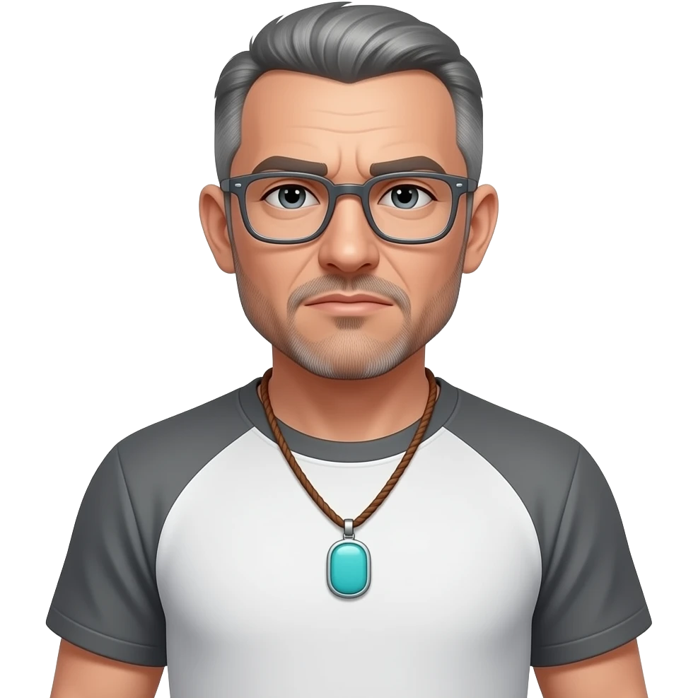 pointed chin indifferent pointed chin haved face pendant Turquoise on brown paracord t shirt shaved grey short hair full-length photo of extreme streetwear clean-shaven face cool boy thin metal-framed glasses ery entellectual man, 54 years old, street wear stubble, shaved short with clippers emoji