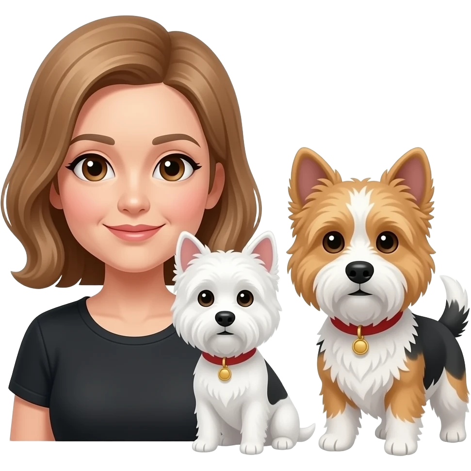Middle age woman brown eyes , shoulder length light brown hair, with a female westie and a male westie emoji