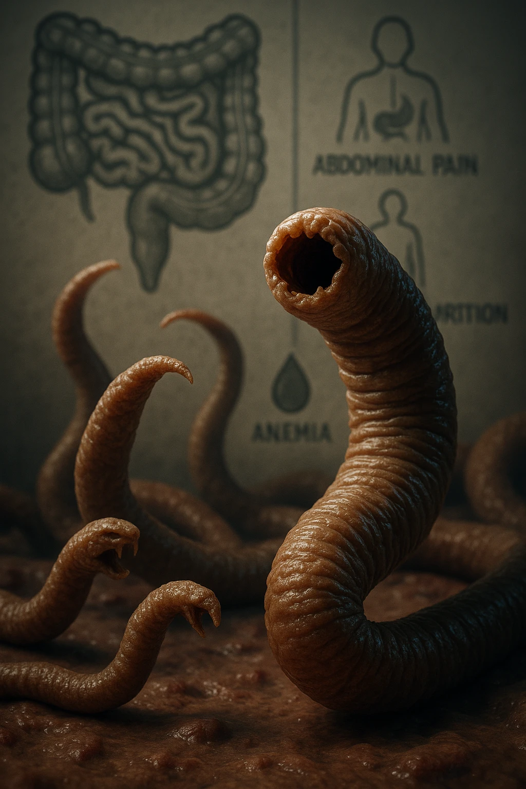 Vertical, cinematic, realistic image of intestinal parasites in focus, with background elements suggesting the diseases they cause. Dramatic clinical light, 2:3 aspect ratio. emoji