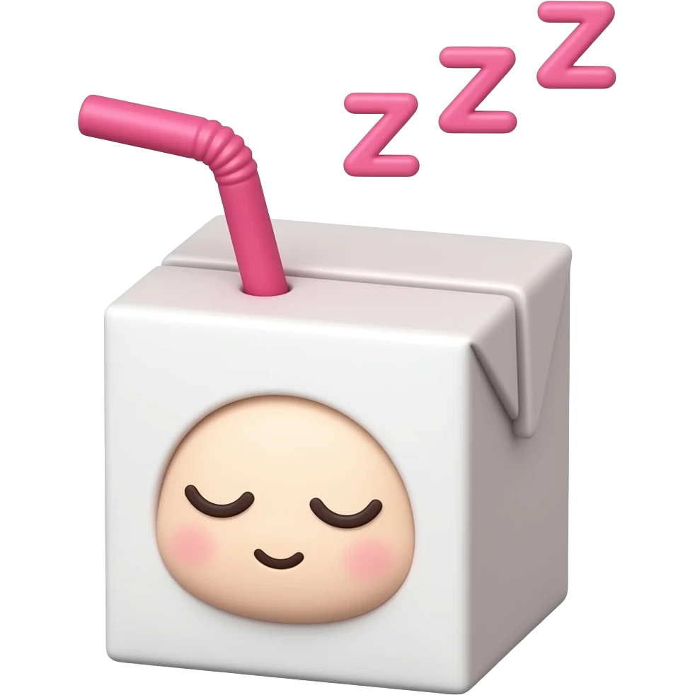 kawaii juice box with a sleeping face, with a hot pink straw, and pink zzz in pink font above the head emoji