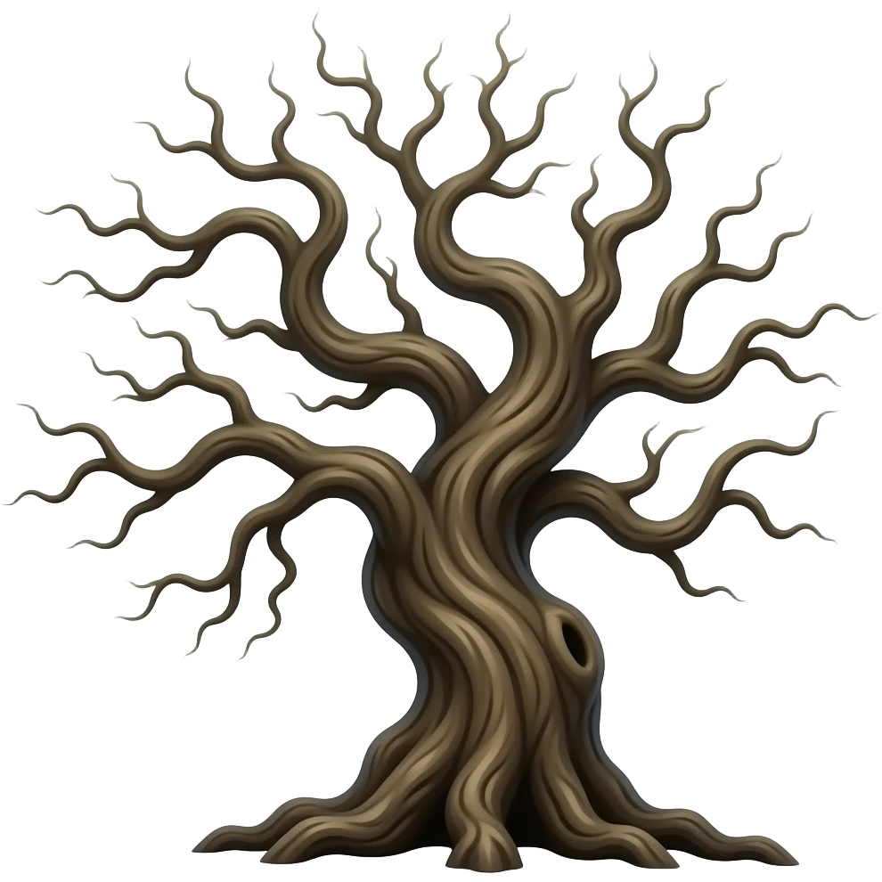 large twisted tree with long aggressive branches in motion, dynamic pose, slightly ominous look, centered, 3D glossy emoji style, clean background emoji