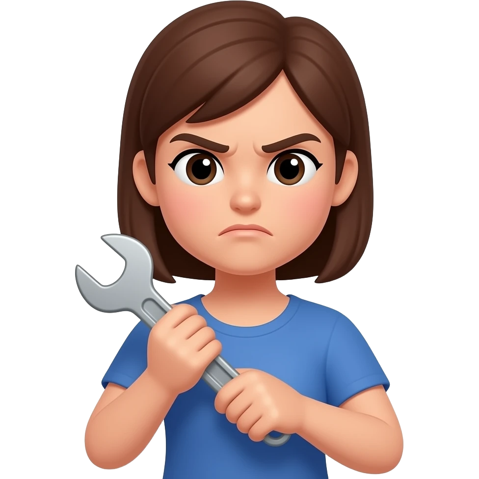 woman fixing something with a wrench, determined expression, eyebrows slightly furrowed, confident face, minimalist flat design, soft gradients, consistent style, same character design, no background emoji