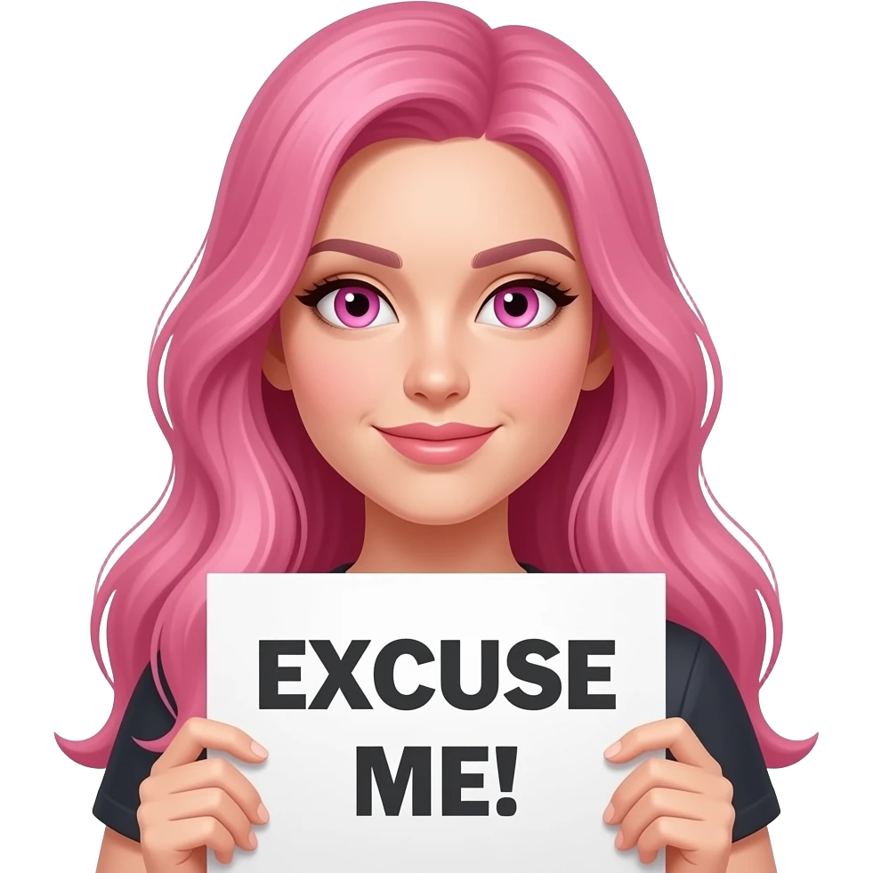 sexy girl with long pink hair and pink eyes wearing a holding a EXCUSE ME! sign emoji