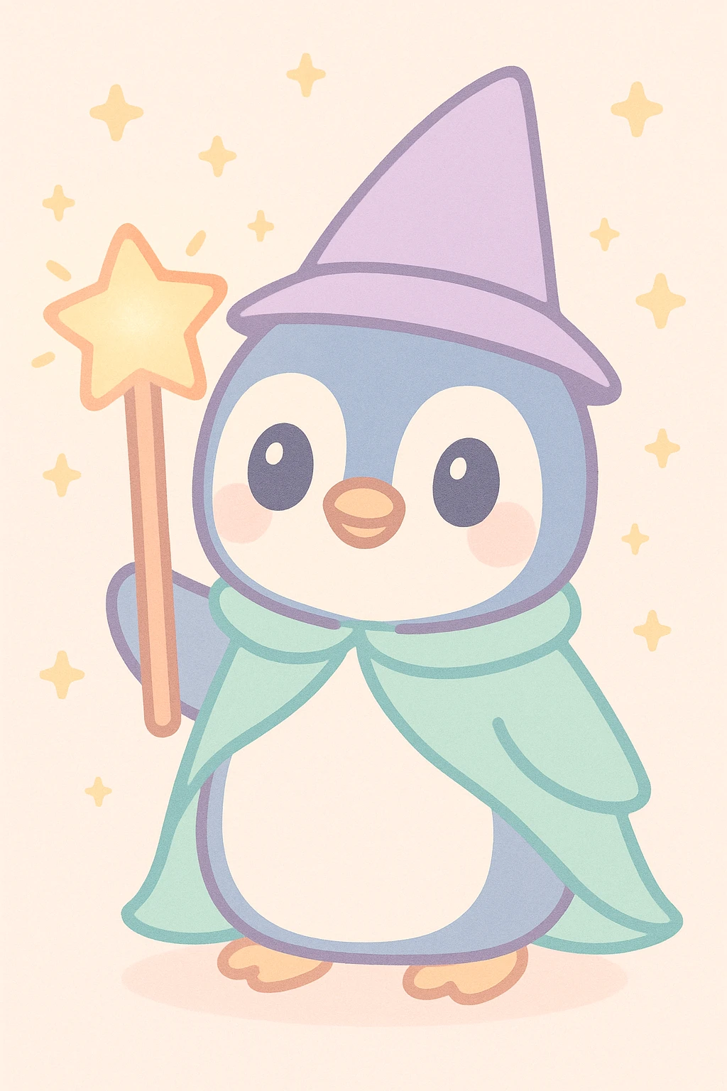 a penguin dressed as a wizard, with a pointed hat and a magic staff, in a fun and whimsical style emoji