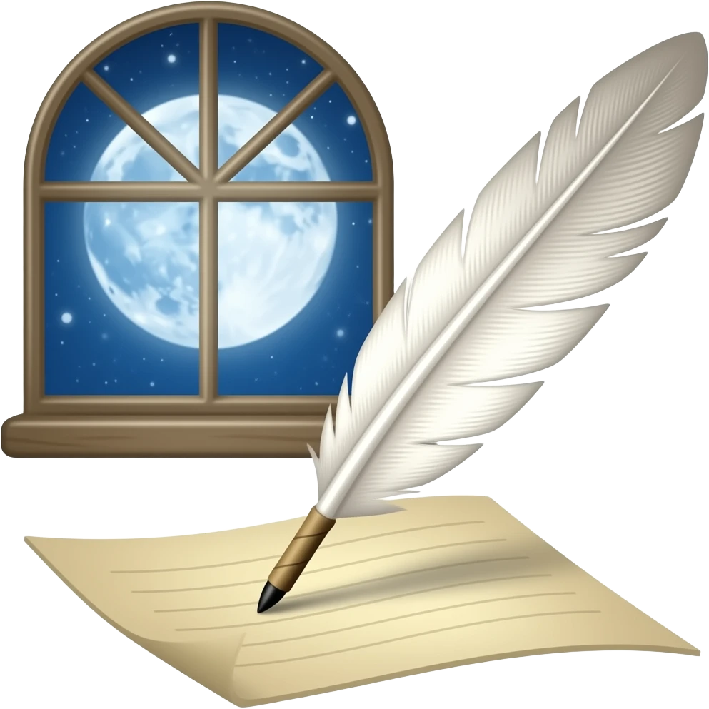 Fais un emoji qui ressemble à celui-ci 🎑, mais c'est une plume ✒️ en avant de la lune qui est dans une vitre dans le fond. La plume écrit sur un papier emoji