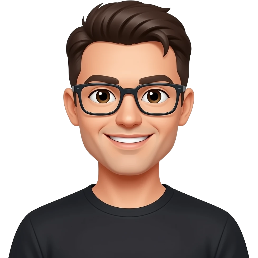 skinny man, with rectangle glasses, white skin, with very modern top flat hairstyle, nice smile, wearing blacktshirt emoji