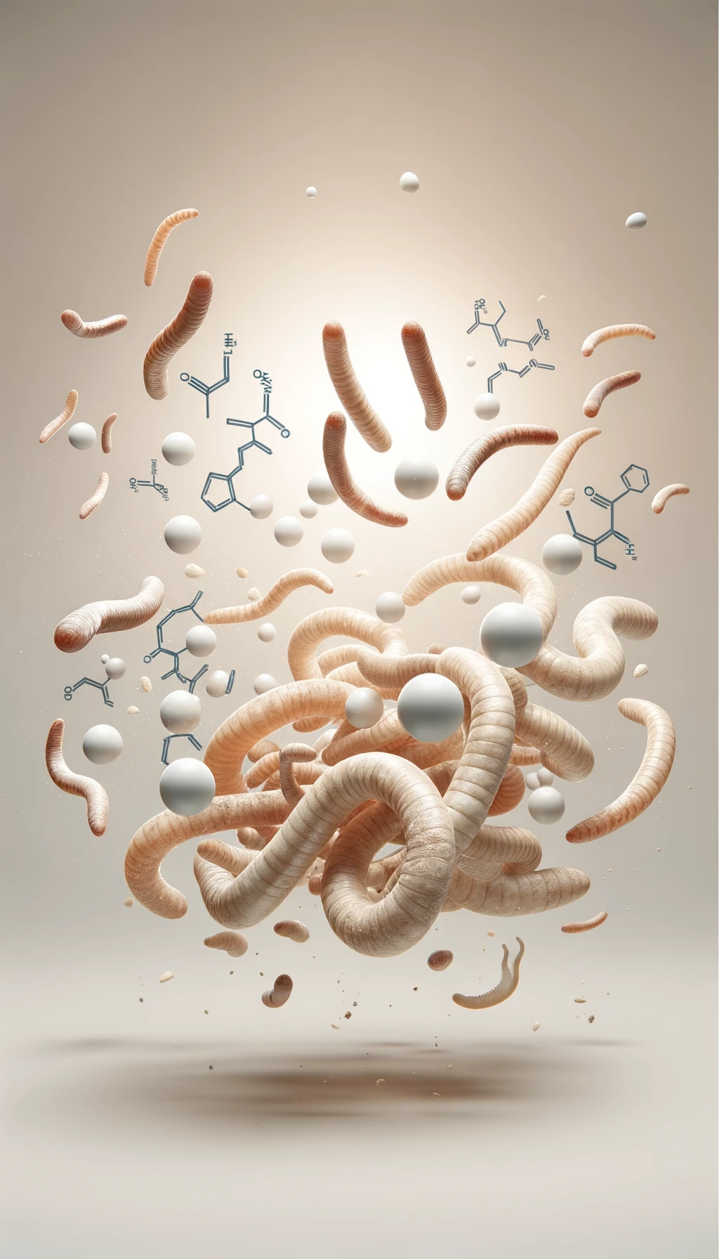 vermi beige chiaro fluttuano in aria insieme a particelle chimiche di testosterone, sfondo neutro chiaro emoji