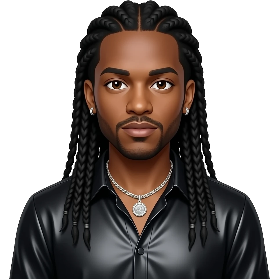 Sean Paul with dark brown eyes, long black cornrows, black metallic blouse, necklace and earrings emoji