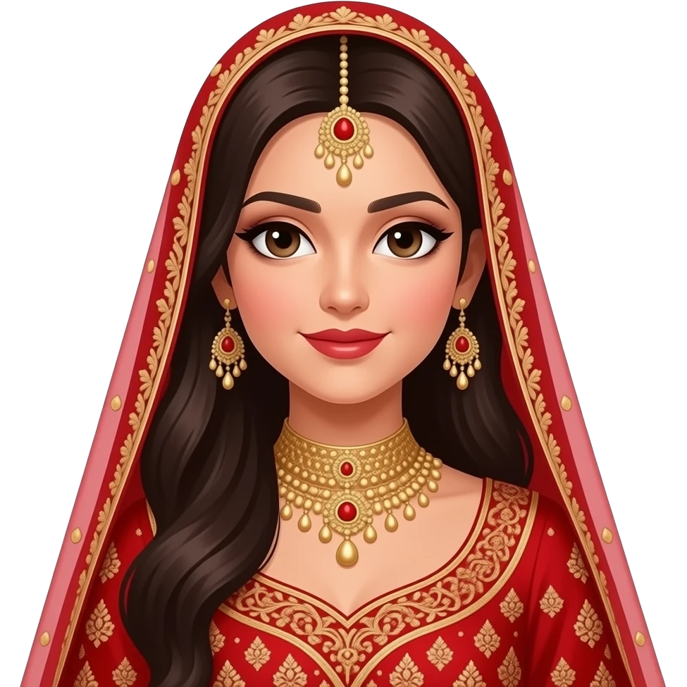 A Pakistani hijabi bride with a red and gold outfit with a red hijab on and no hair or neck showing emoji