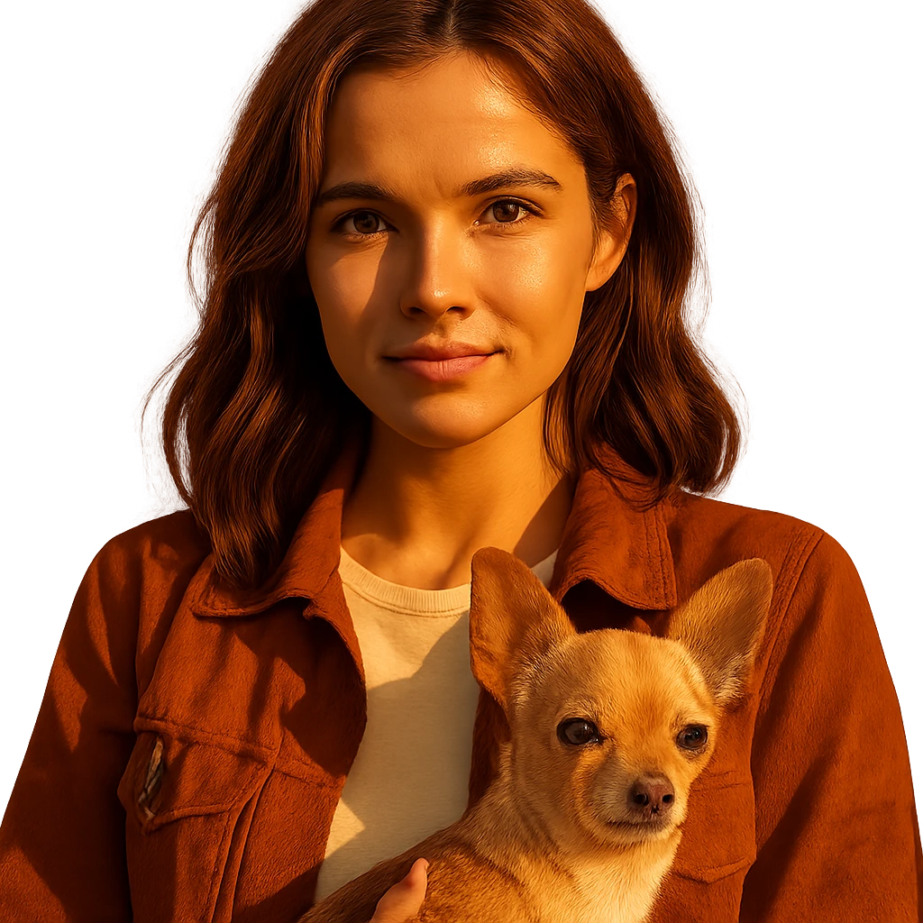 portrait centered of a woman inspired by Zoe Deutch's face, tanned complexion, subtle freckles, playful and determined expression, medium-length brown hair with auburn highlights, wearing a shirt color #FFF8CA, rust-colored jacket, holding a beige-brown chihuahua, golden hour lighting effect, transparent background, Netflix series style emoji