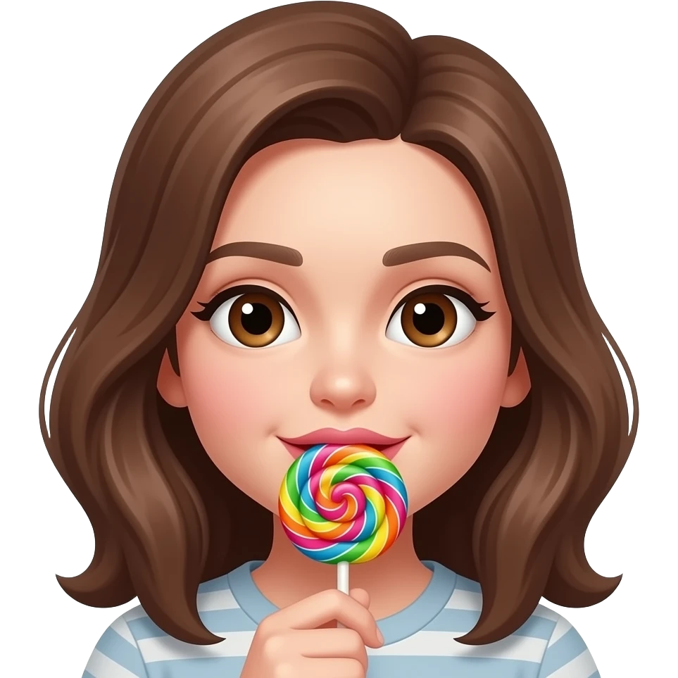 White girl with brown hair and brown eyes licking a ringpop emoji