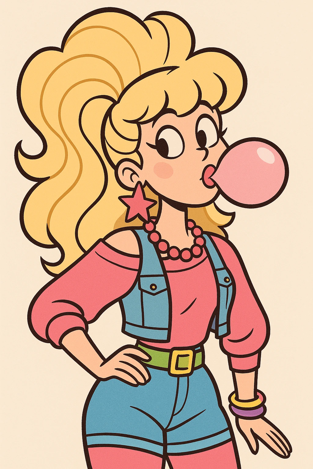 cheerful valley girl with big hair, bubblegum, trendy 1980s fashion, bright colors, fun accessories, playful expression emoji