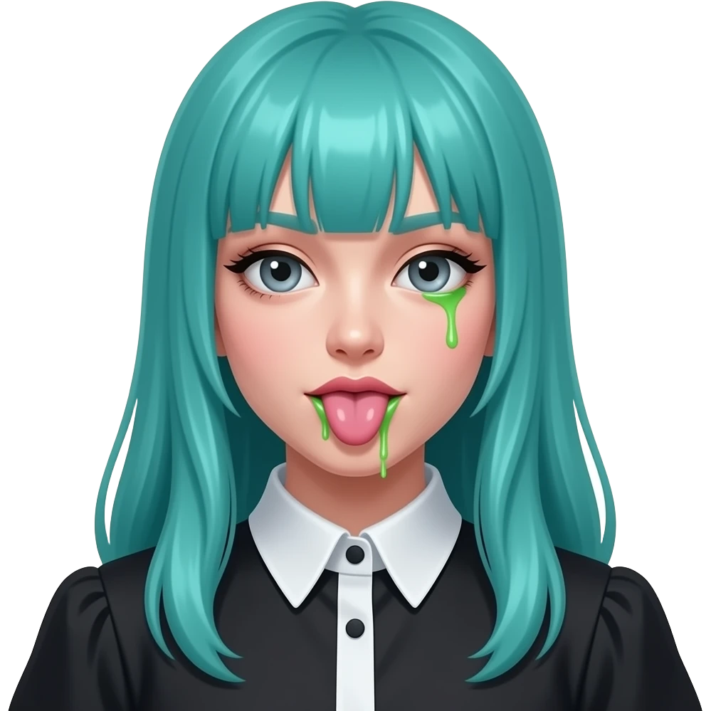 girl, sick, lot of green drool, tongue out, long flowing teal hair, grey eyes, black shoulder cyberpunk blouse with fancy white collar emoji