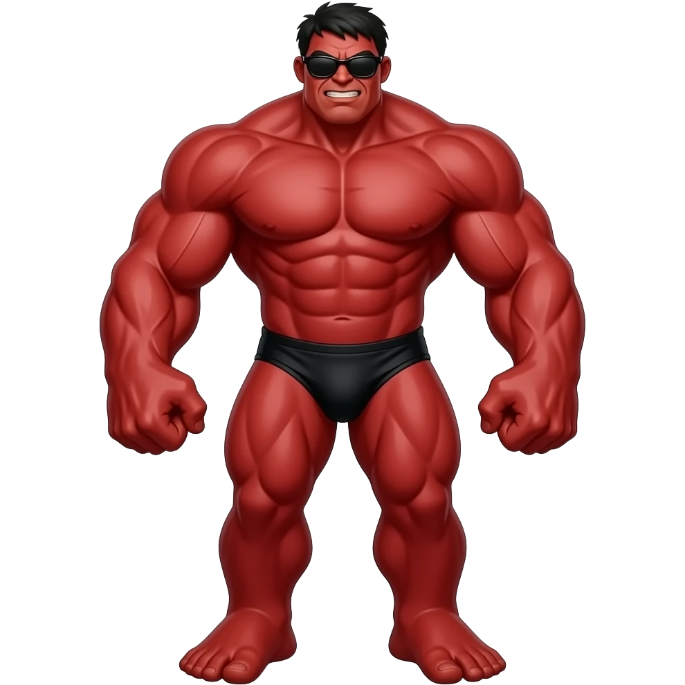 Massive very tall muscular red Hulk in black thongs full body image realistic wearing sunglasses emoji