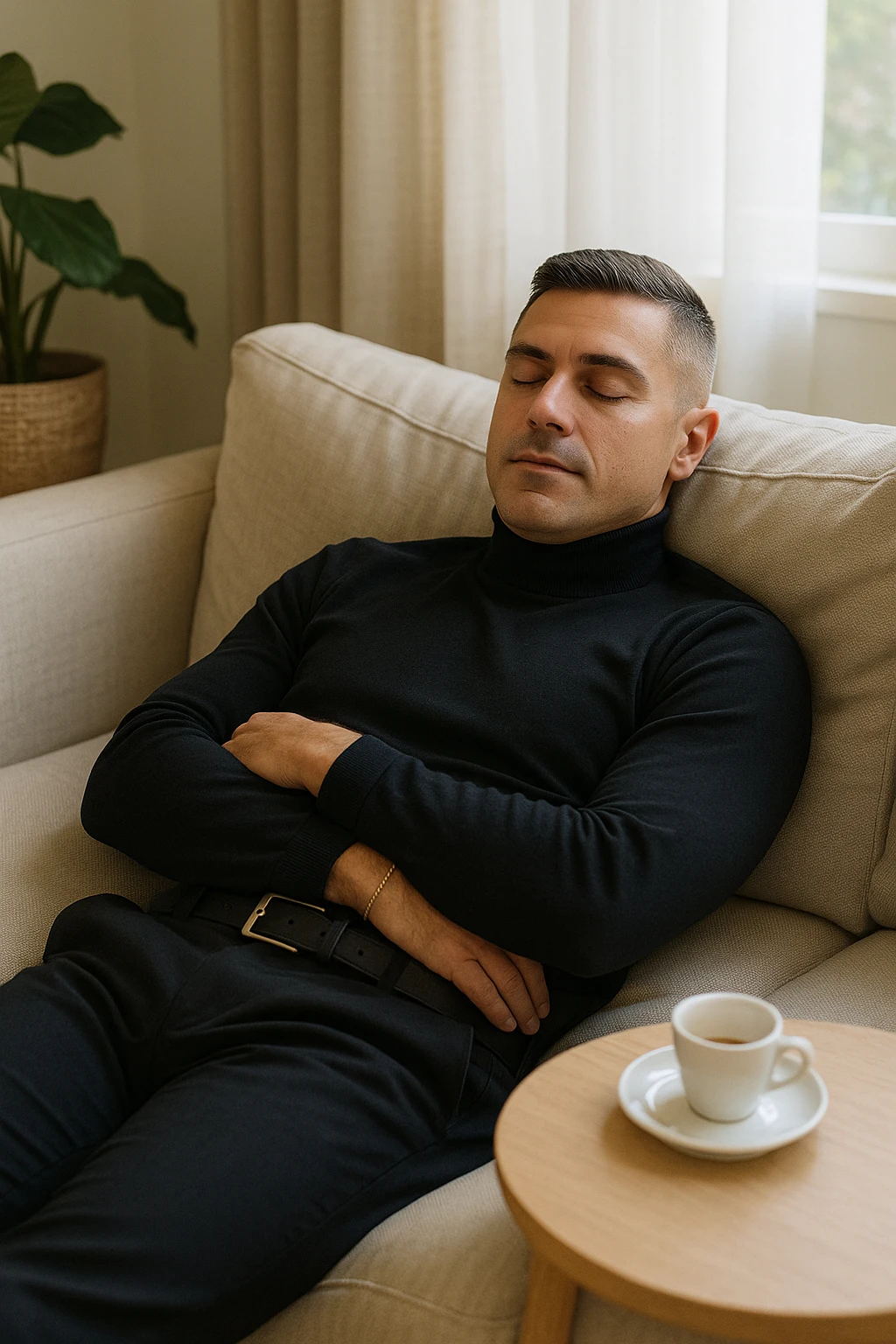 Uomo adulto in abiti casual in un ambiente domestico o ufficio tranquillo, mentre beve un caffè espresso con espressione consapevole. Subito dopo, si sdraia su un divano per un breve riposo di 20 minuti, occhi chiusi, posizione rilassata. La stanza è luminosa ma tranquilla, luce pomeridiana morbida che filtra dalla finestra. Atmosfera rigenerante e silenziosa. Accanto a lui, una tazzina vuota. Il suo viso appare calmo, in attesa del recupero energetico emoji