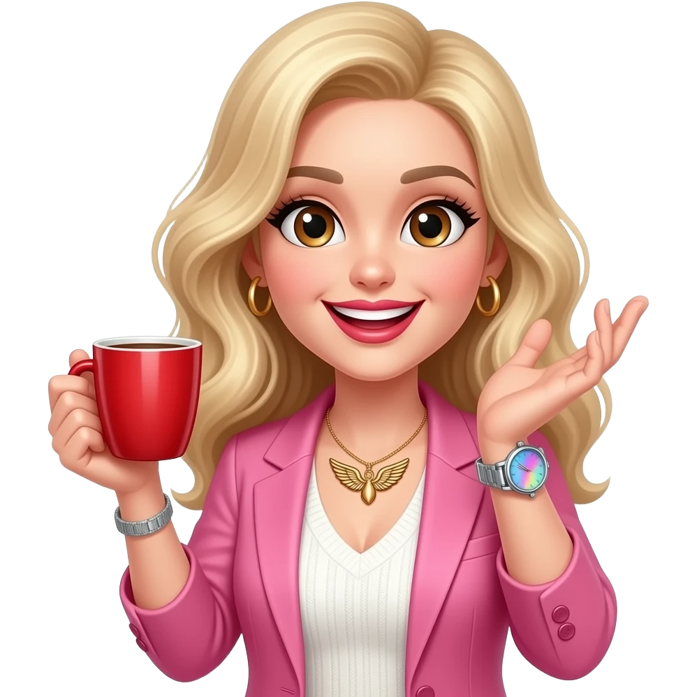 Slightly wavy blonde hair + Big light brown eyes with spark + happy teeth smile +  bronze color angel wing necklace + armwatch with blue&pink hologram dial and silver band + red lipstick + pink blazer + white pullover with open neck + with red coffee cup porcellain with narrow cup long + watch  left emoji