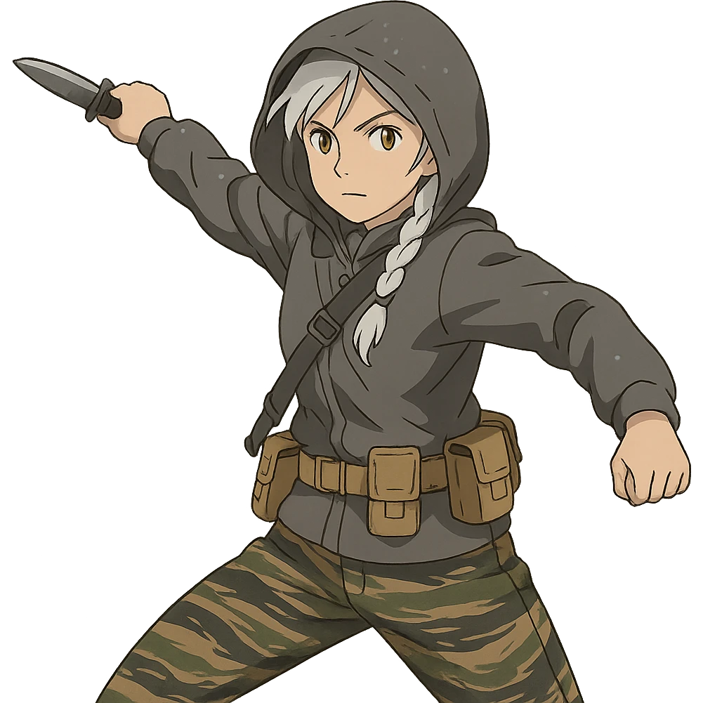 1 female, mid-20's  white hair long braid, gold yellow eyes, gray rainproof hoodie, hood up, single point sling, tan mag pouches on belt rig, tiger stripe camo pants, holding a combat blade, striking, swing emoji