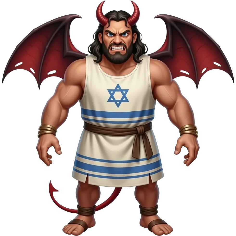 A full bodied demonically possessed man that looks angry and vicious wearing clothing as a Hebrew slave emoji