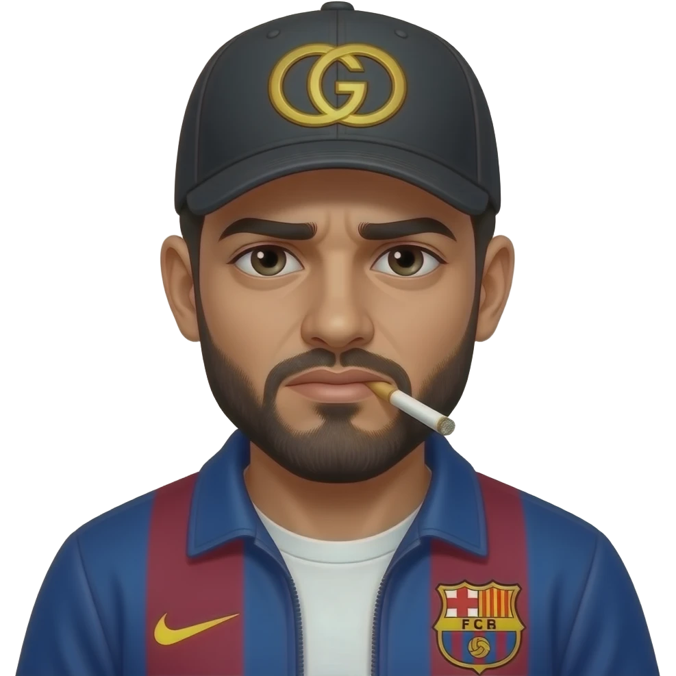 Arabe, avec joint de shit dans la bouche, et les yeux très très  fatigués, veste Barca, casquette Gucci et il a l’air dangereux et menancant emoji